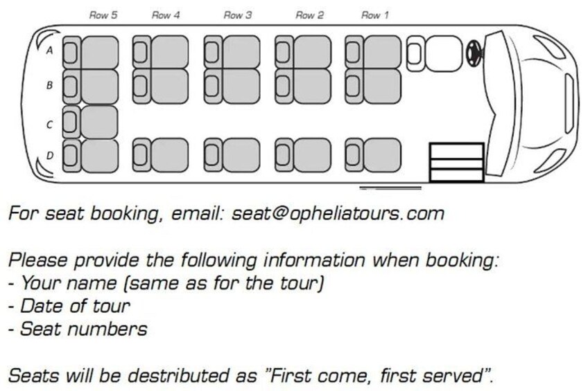 A bus interior with rows labeled A to D and seat numbers. 2