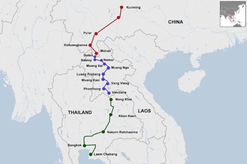 A map of Thailand and Laos with marked cities and a route. 4