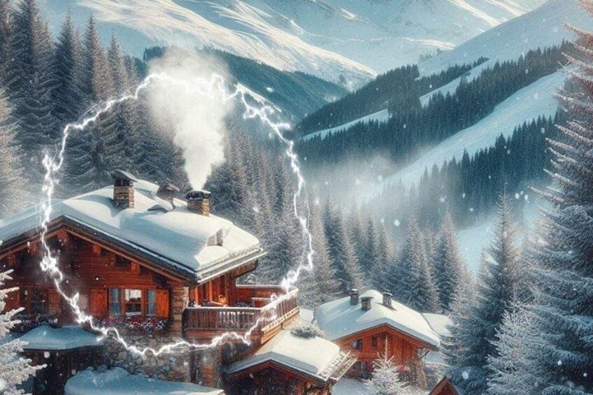 A snow-covered cabin surrounded by trees and mountains. 1