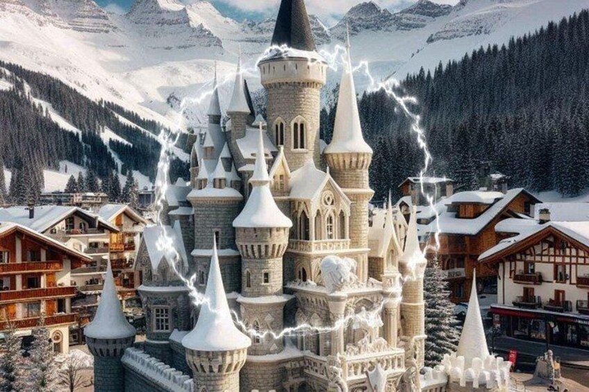 A snow-covered castle with multiple towers, surrounded by snow-covered buildings and mountains. 5
