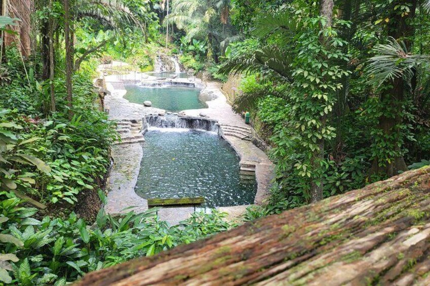 A natural water feature with cascading waterfalls surrounded by dense foliage. 1