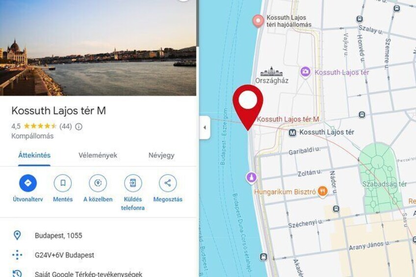 A map with a red pin marking Kossuth Lajos tér M in Budapest. 5