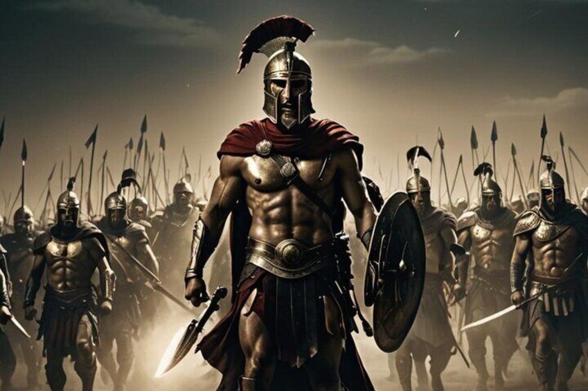 A group of soldiers in ancient armor, including helmets and shields, marching in formation. 1