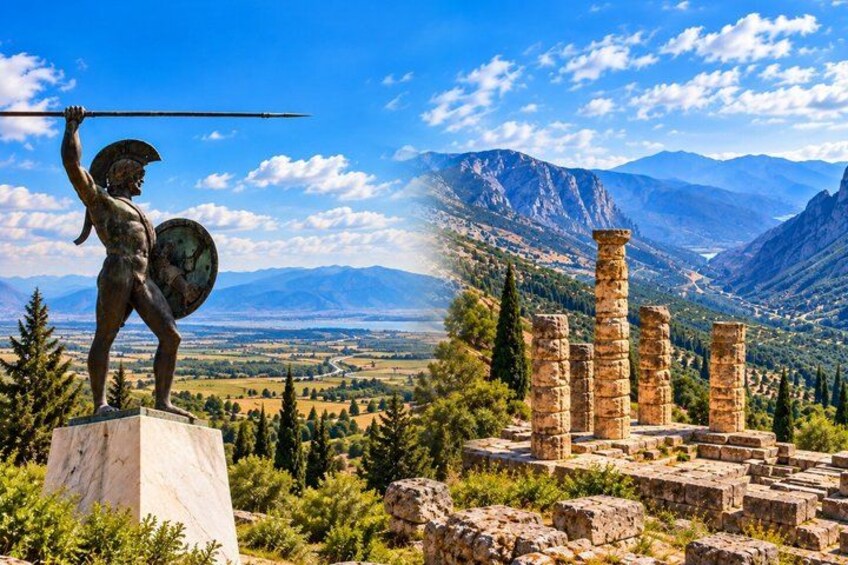 A statue of a warrior holding a spear and shield, ancient ruins, and a mountainous landscape. 1