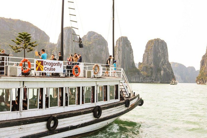 Ein Boot mit einem Dragonfly Cruise Schild, Passagiere und einer bergigen Landschaft im Hintergrund. 5
