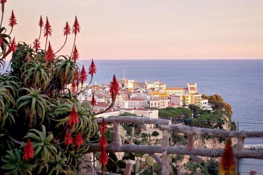 A coastal town with buildings, a wooden fence, and red flowers in the foreground. 5