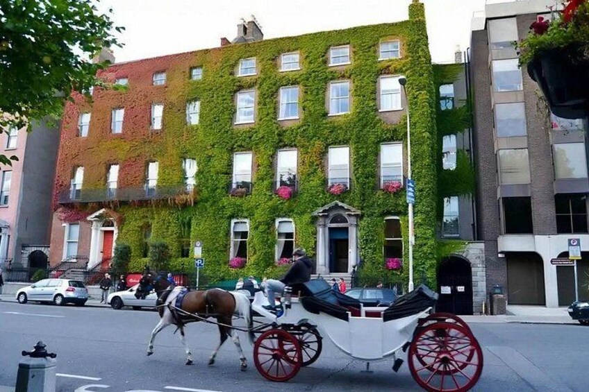 A horse-drawn carriage on a city street, a building with green ivy, and a red double-decker bus in the background. 5