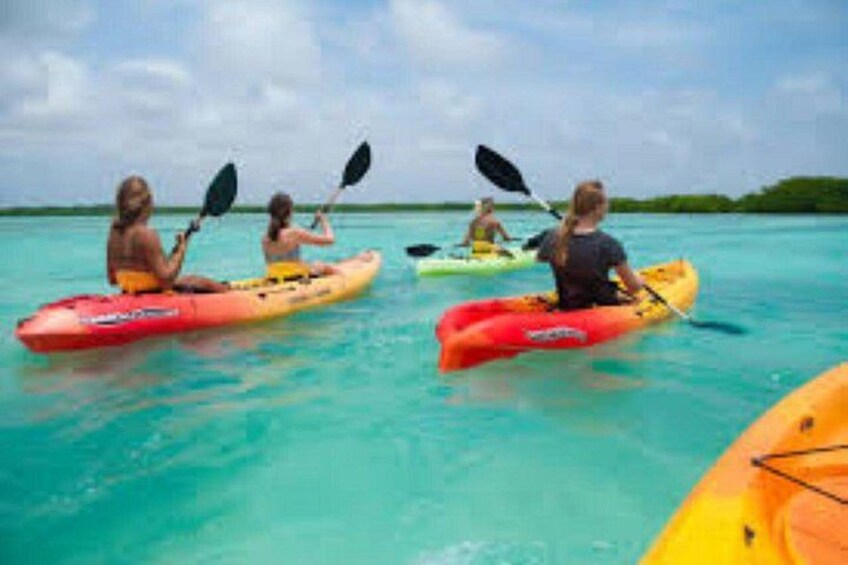 People kayaking on turquoise water. 1