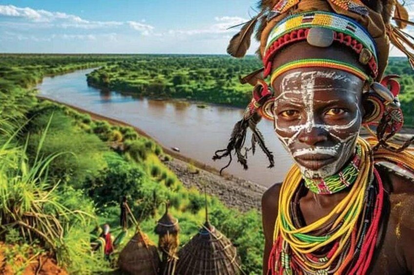 A river, lush greenery, and traditional attire. 3