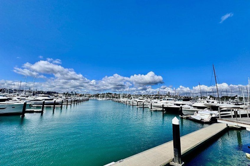 A marina with boats docked along a pier under a clear blue sky. 3
