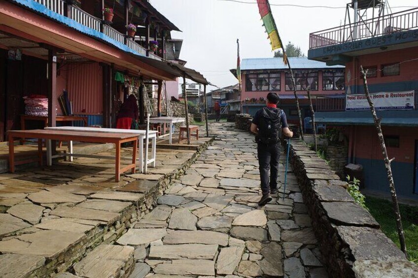 A stone-paved street with buildings on either side, including a restaurant and a guest house. 1