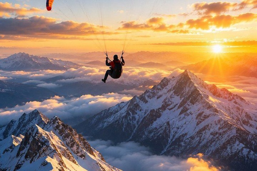 A paraglider flying over snow-covered mountains with a sunrise in the background. 2
