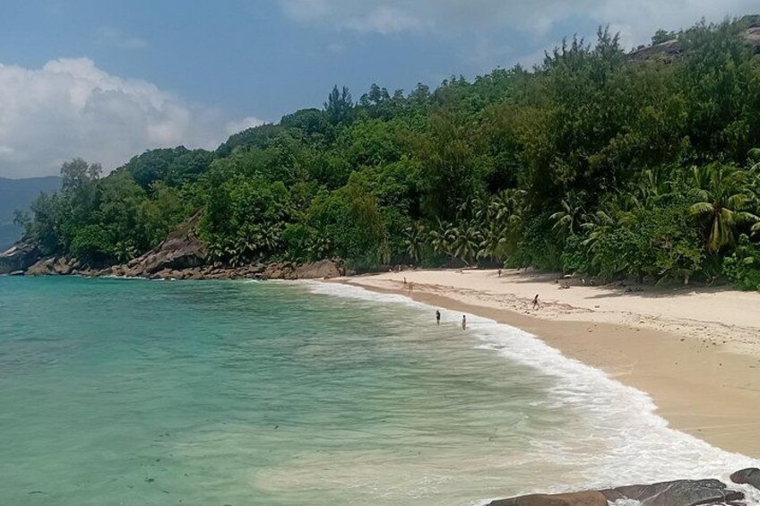 Una playa con aguas turquesas cristalinas, orilla arenosa y vegetación verde exuberante al fondo. 3