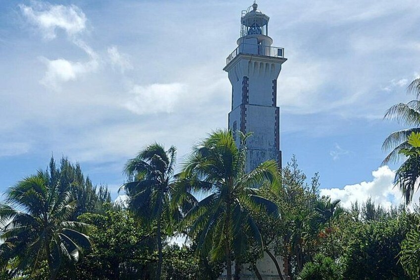 A lighthouse surrounded by palm trees and a clear sky. 2