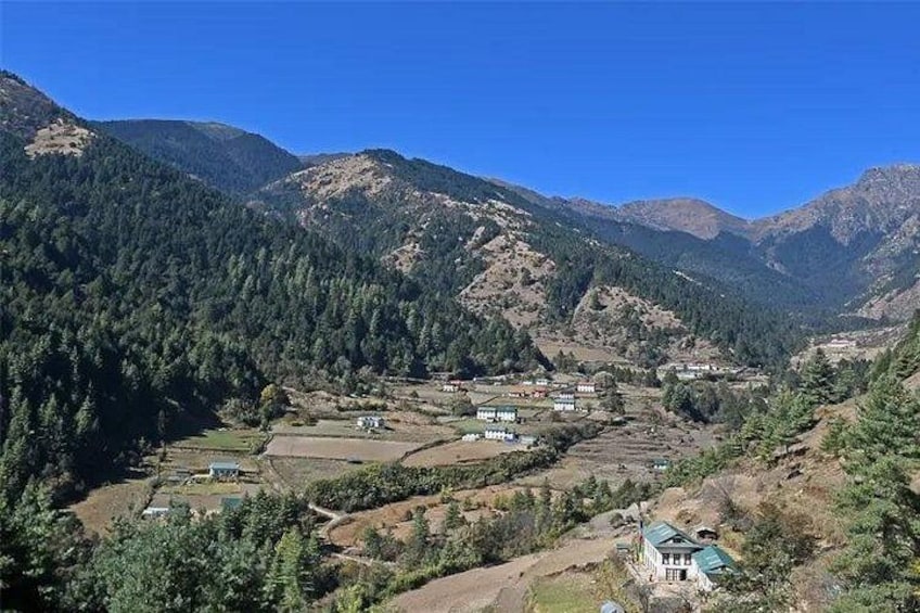 A mountainous landscape with scattered houses and dense forest. 2