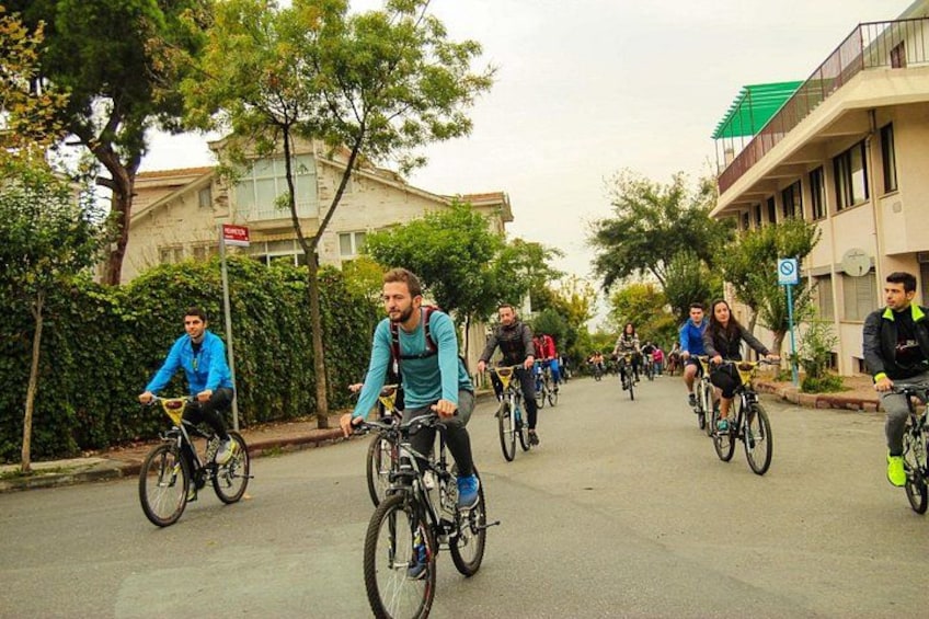 Cyclists riding on a street lined with trees and buildings. 2