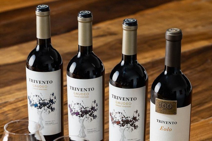 Vier Flaschen Trivento Gaudéo Wein auf einer Holzoberfläche. 3