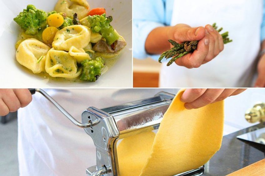 A pasta dish with vegetables, a person holding asparagus, and a pasta machine. 1