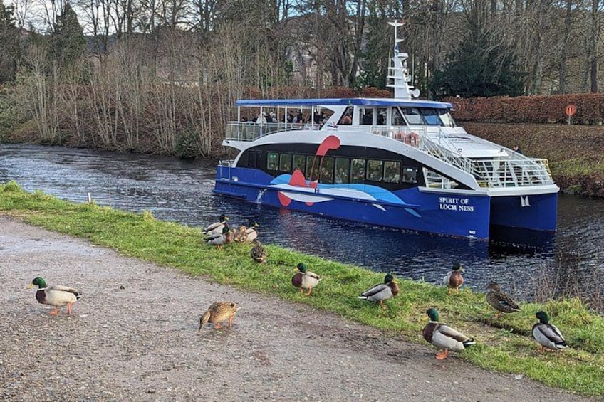 Ein Boot namens 'Spirit of Loch Ness' auf einem Fluss, mit Enten am Ufer. 3