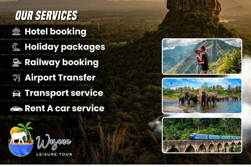A travel service advertisement with a scenic landscape, including a mountain, a bridge, and a train. 2