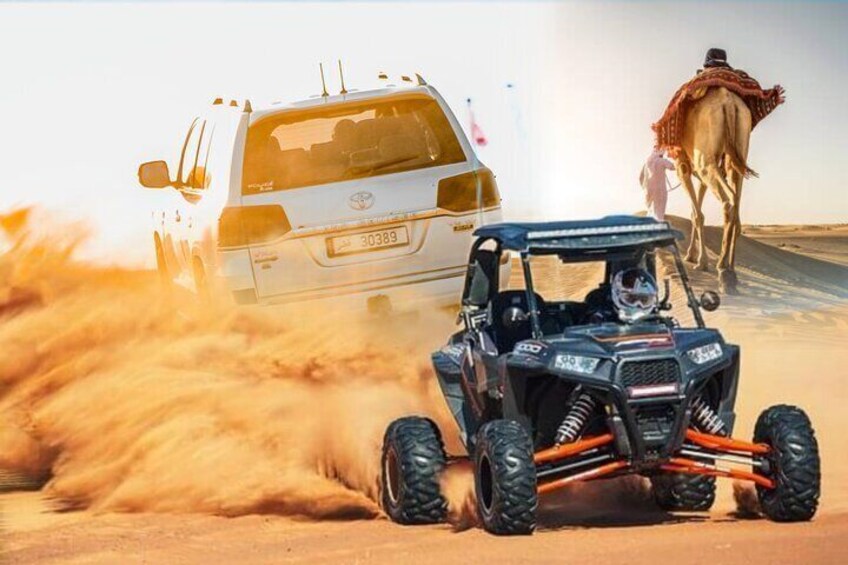 A white SUV and a black off-road vehicle on a dusty road with a camel in the background. 1