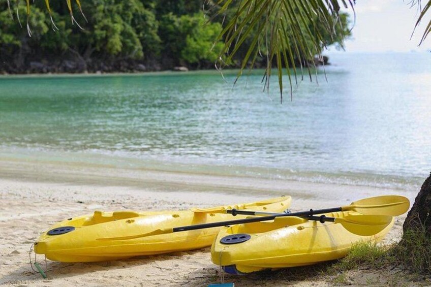A yellow kayak and paddle on a sandy beach with a calm sea and green foliage in the background. 1