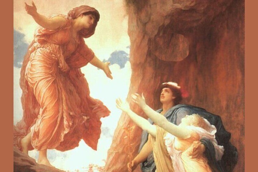 A classical painting with two figures, one reaching out and the other standing. 3