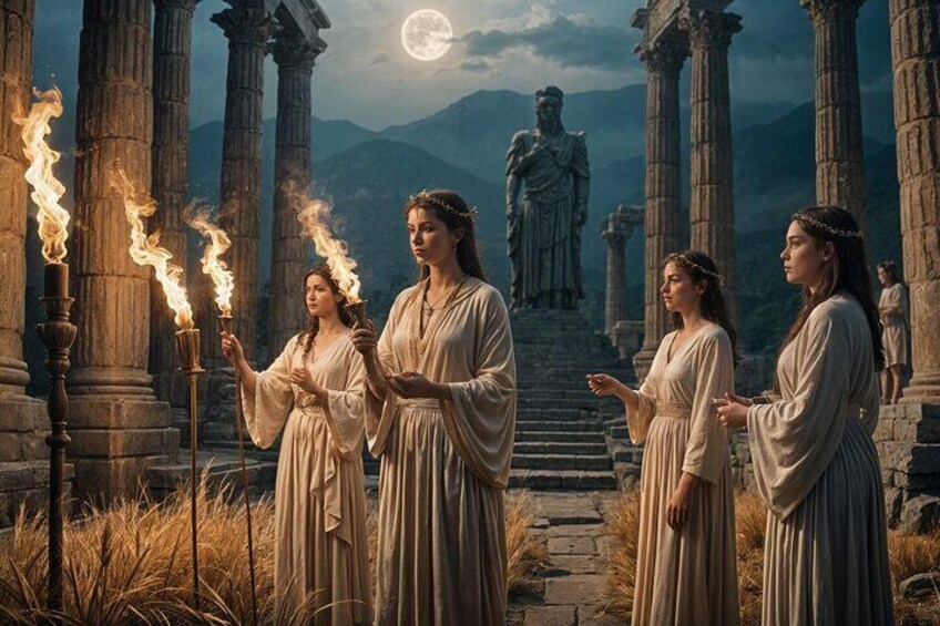 A group of people in ancient Greek-style robes holding torches in a temple setting with columns and a statue in the background. 1