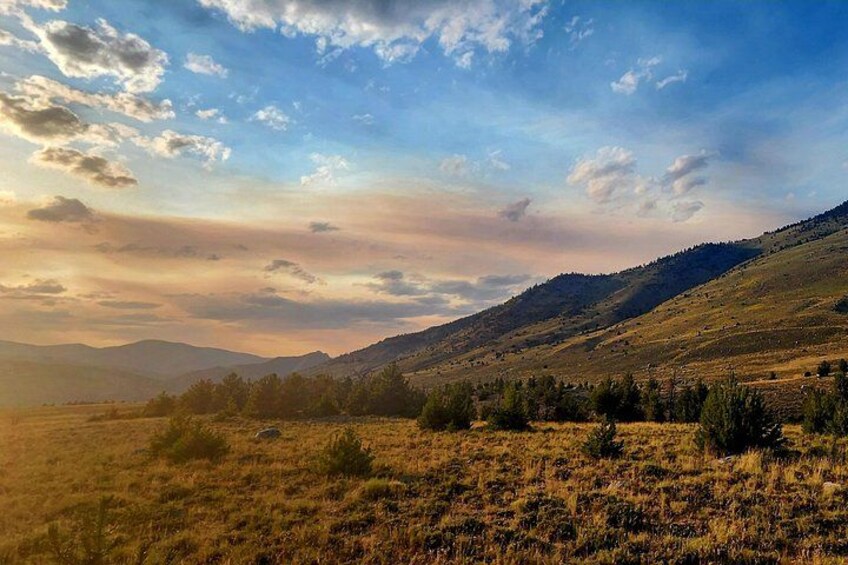 Un campo cubierto de hierba con colinas onduladas y un cielo parcialmente nublado. 3