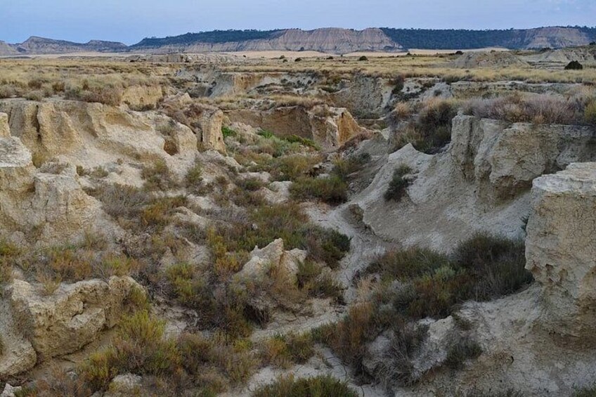 A rugged, eroded landscape with prominent rock formations and sparse vegetation. 5