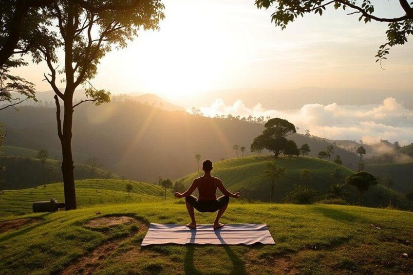 A person meditating on a blanket in a grassy field with hills and trees in the background. 1