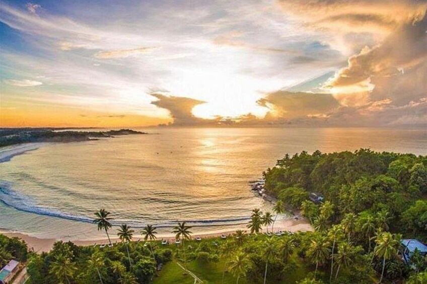 A coastal landscape with a beach, palm trees, and a sunset. 3