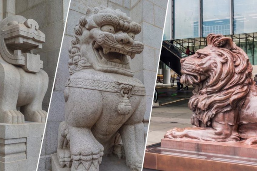 Trois statues de lions en pierre, placées dans des environnements différents. 2