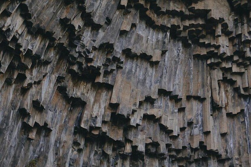A close-up of a rock surface with numerous vertical striations and irregularly shaped cavities. 5