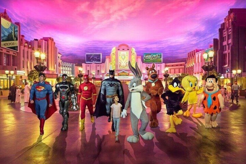 A group of animated characters in a brightly lit urban setting with a colorful sky. 1