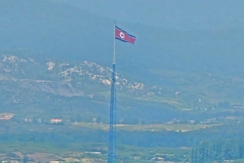 A flag on a pole with a mountainous landscape in the background. 2