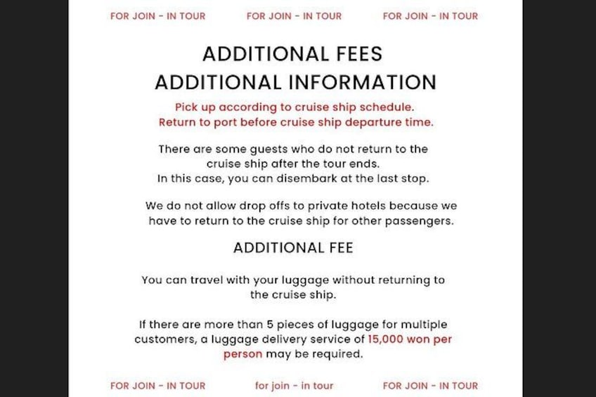 A travel itinerary with additional fees and information. 2