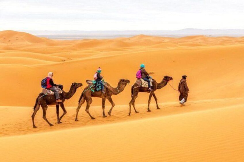 A group of people riding camels across a desert landscape. 5