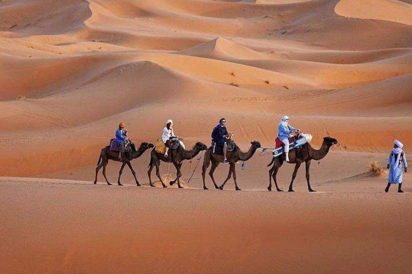 Un grupo de personas montando camellos a través de un paisaje desértico con dunas de arena. 3