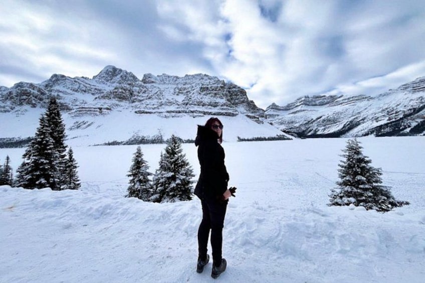 In the Winter, Bow Lake is frozen over with snow over-top of the ice, making it appear white instead of beautiful blue. 3