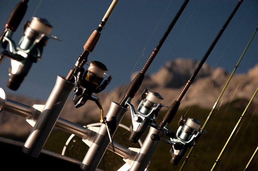 Fishing rods with reels and lines, set against a mountainous backdrop. 2