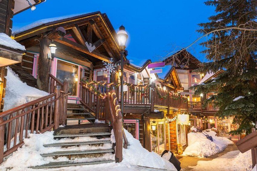 A wooden lodge with a staircase, snow-covered steps, and a snow-covered roof. 3