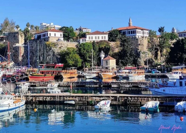 A harbor with boats docked, a church, and buildings on a hillside. 5