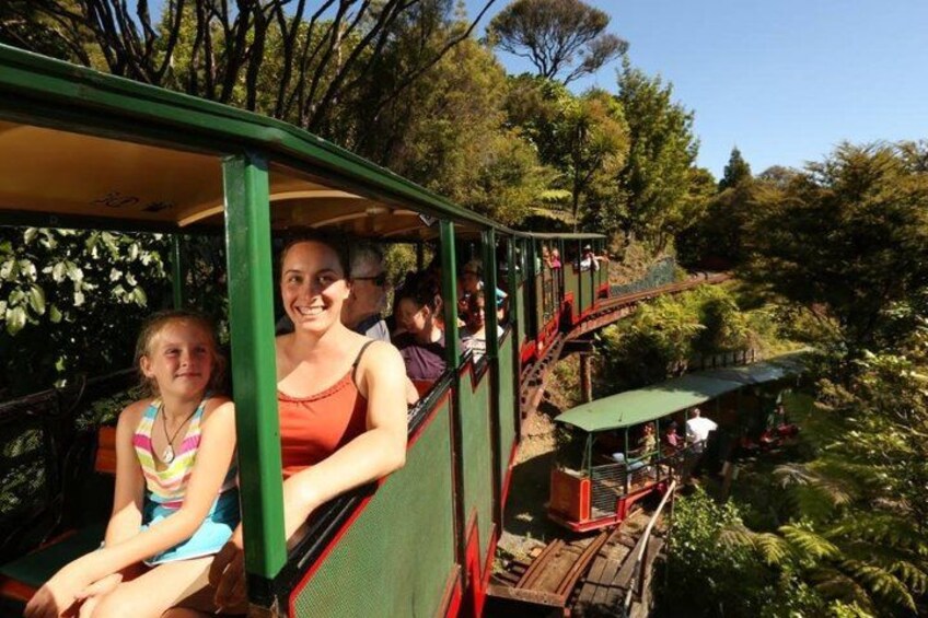 A green train with passengers, surrounded by lush greenery and trees. 4