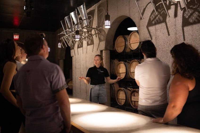 A group of people in a dimly lit room with a bartender explaining something to them. There are wine barrels in the background and a bar counter in the foreground. 4