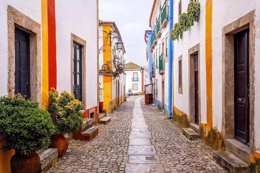 A narrow cobblestone street flanked by colorful buildings with doors and windows. 4