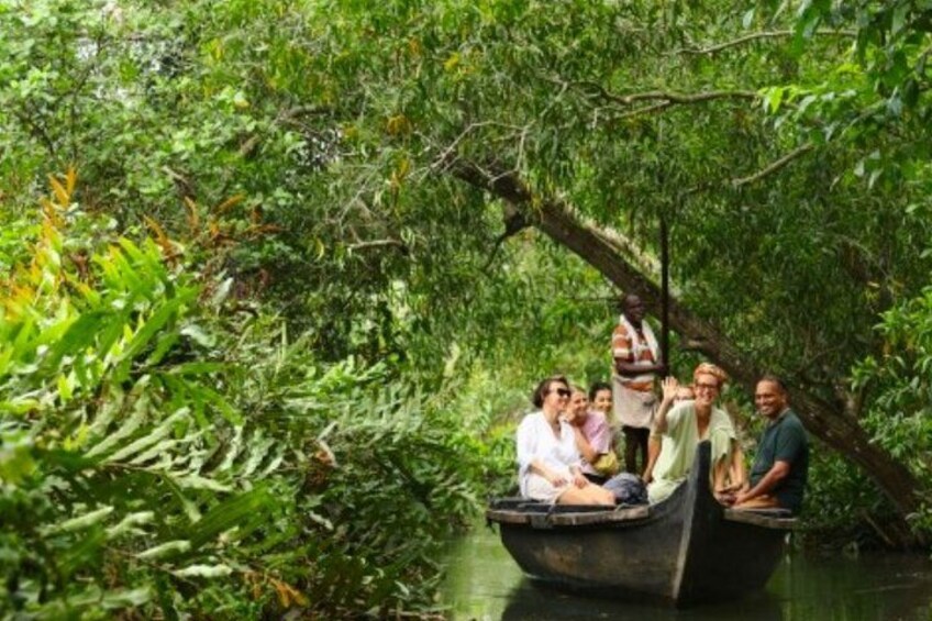 A group of people in a boat surrounded by dense greenery. 4