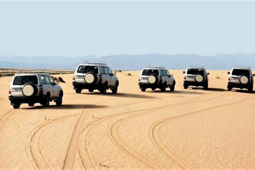 Four off-road vehicles driving on a sandy terrain with tire tracks. 1