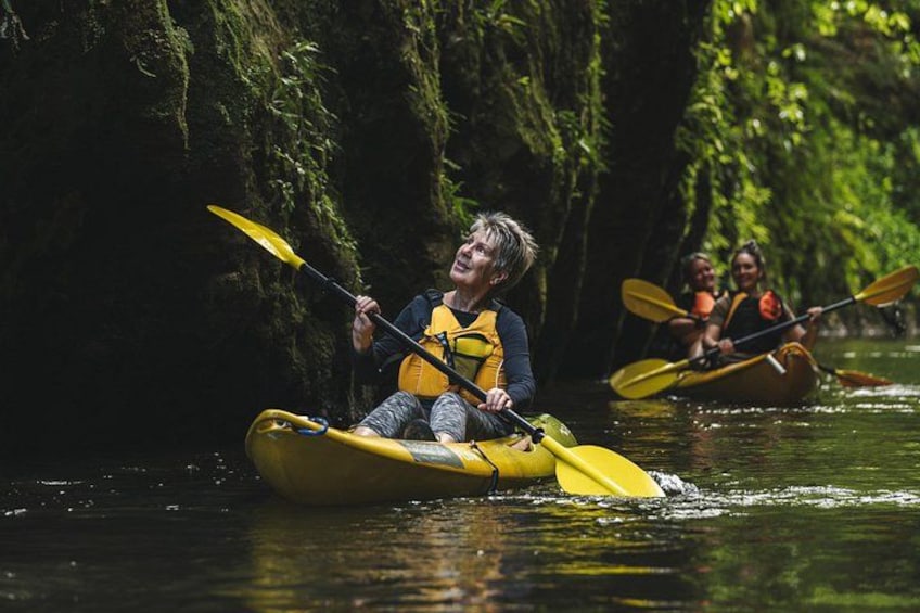 A person kayaking on a river surrounded by greenery. 5