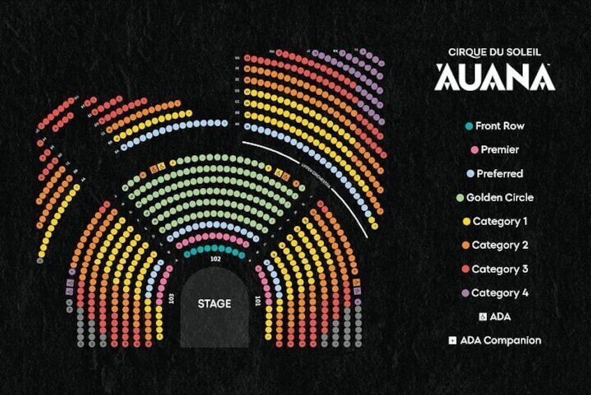 A concert seating chart for the Cirque du Soleil 'AUANA' with different seating categories and ADA Companion access. 2